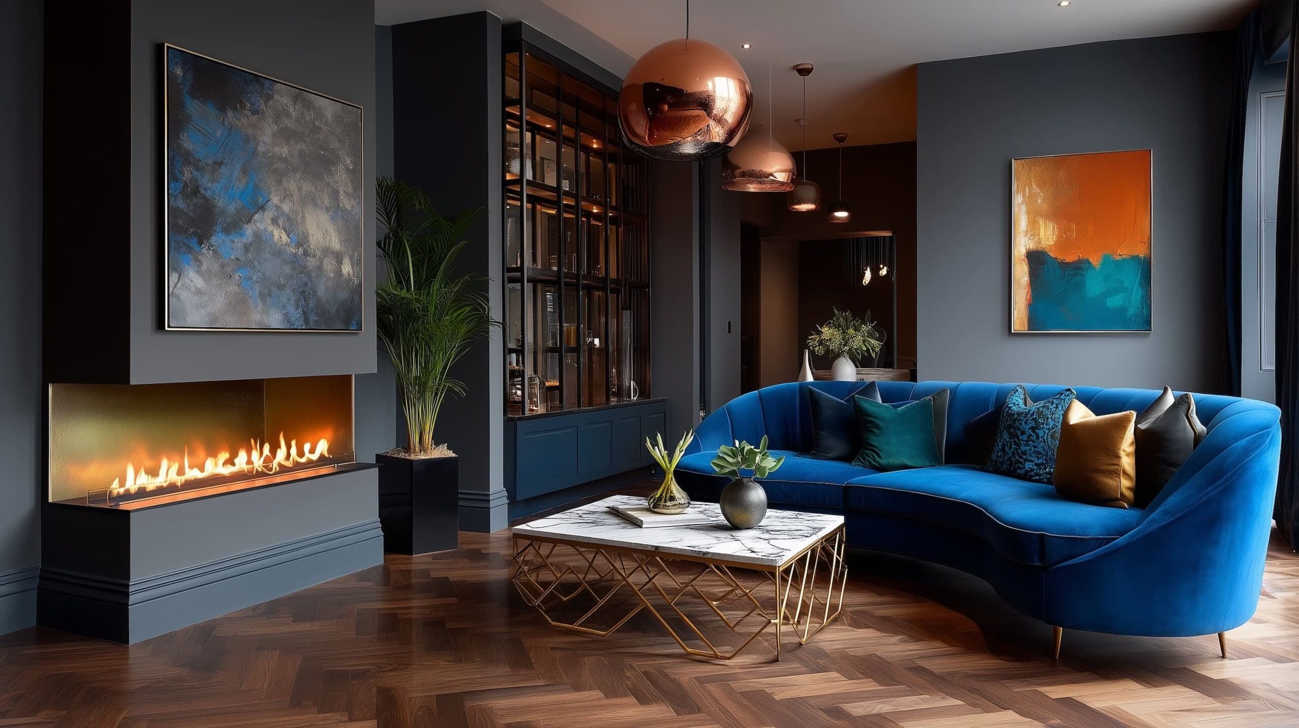 Linear bioethanol fire burning in a luxurious dark lounge with a blue sofa