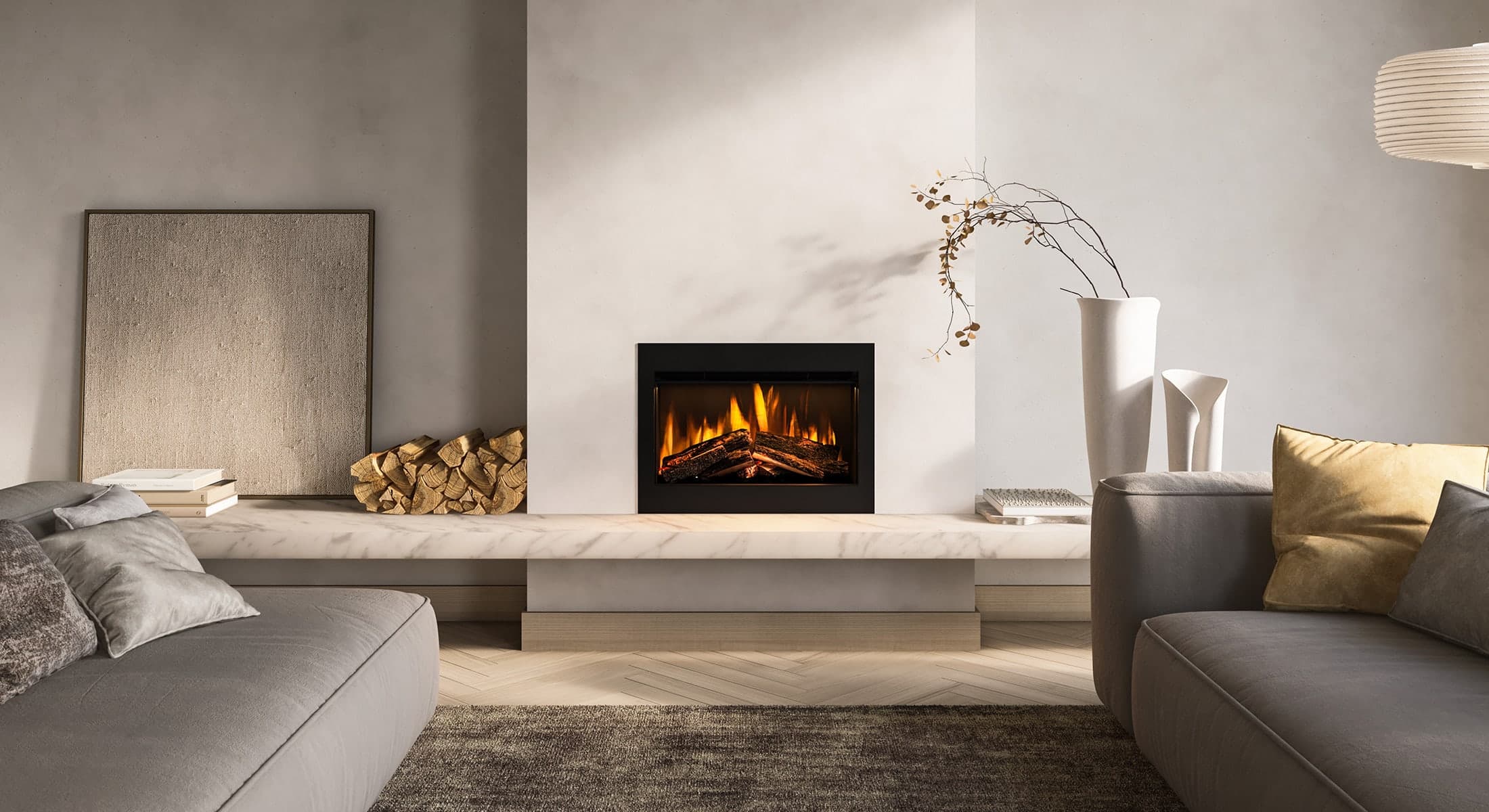 Modern inset electric fire in a contemporary fireplace
