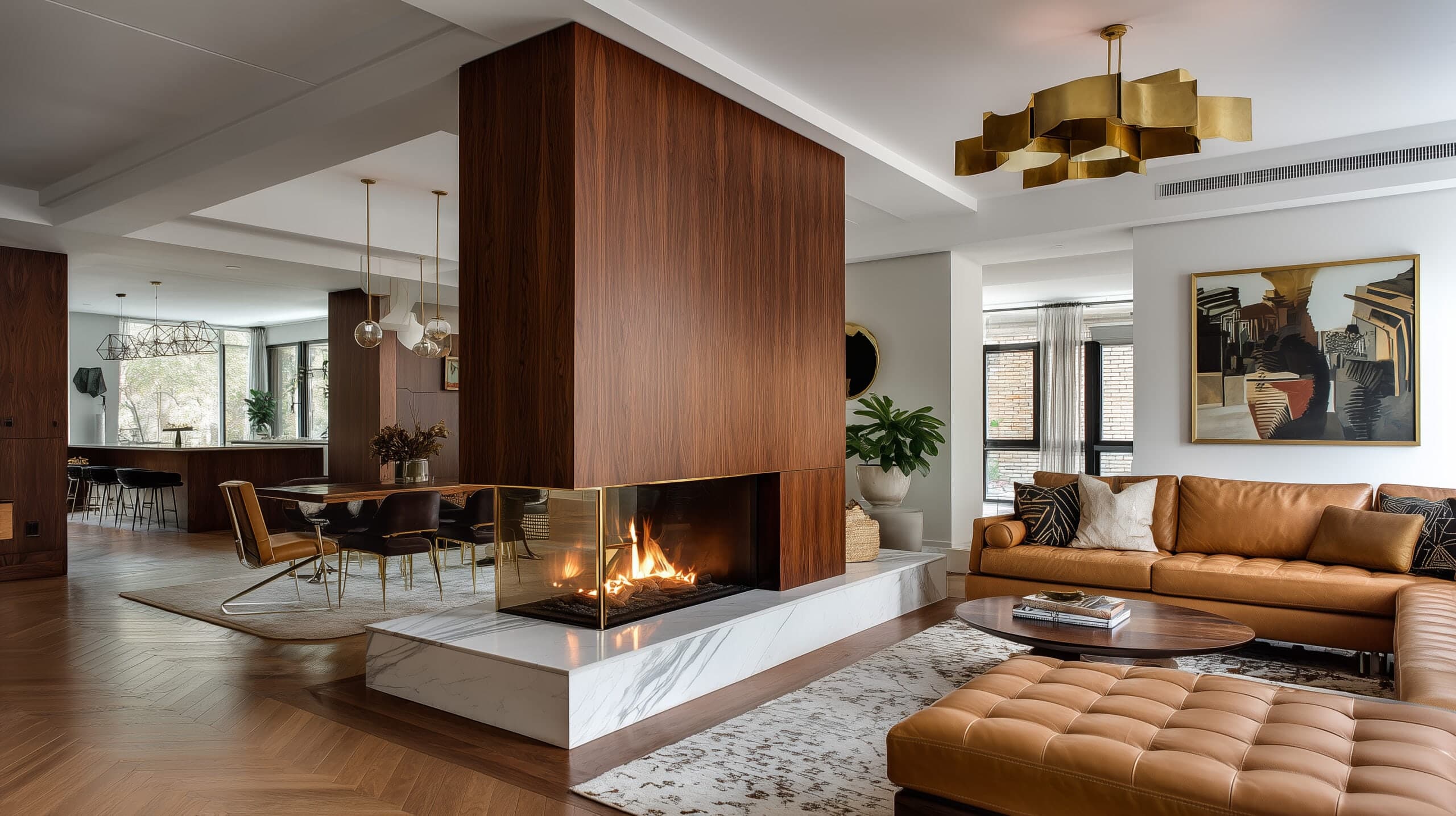 Modern 3-sided gas fire in a stylish living room