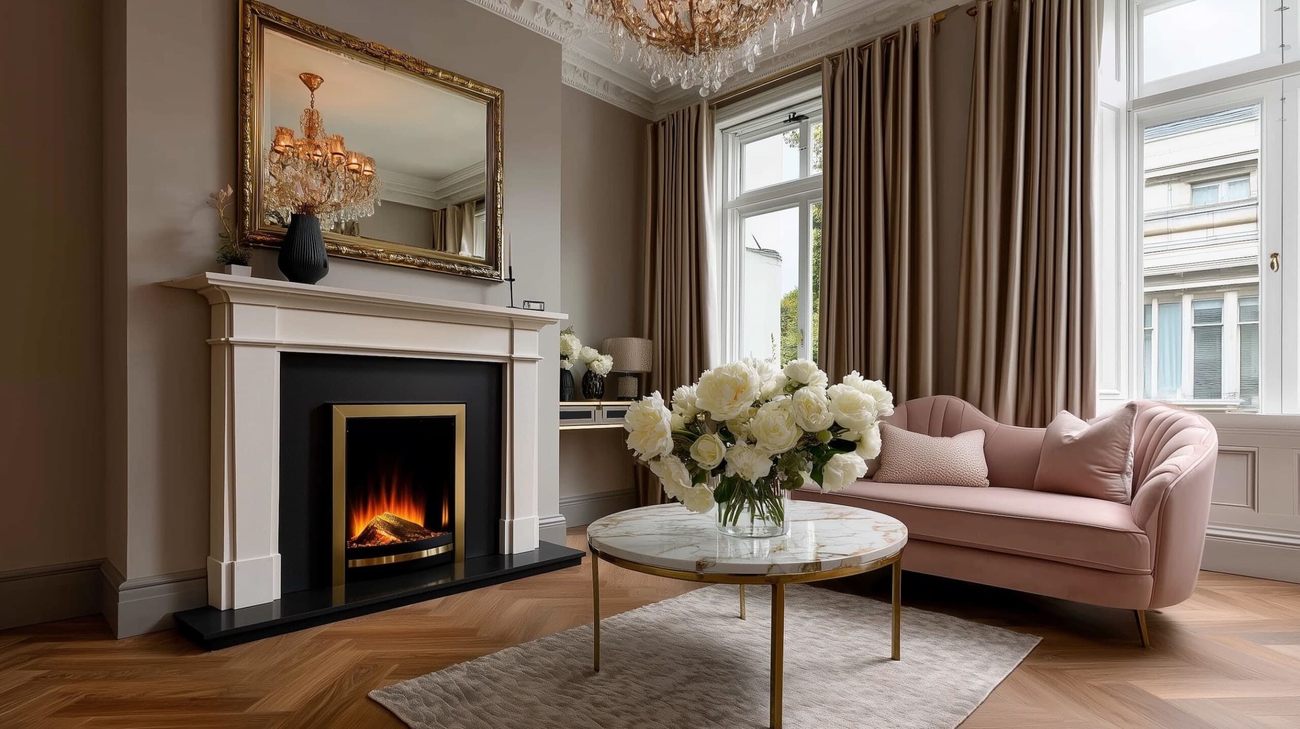 Inset electric fire in a gold frame set into a white marble fireplace in an elegant lounge