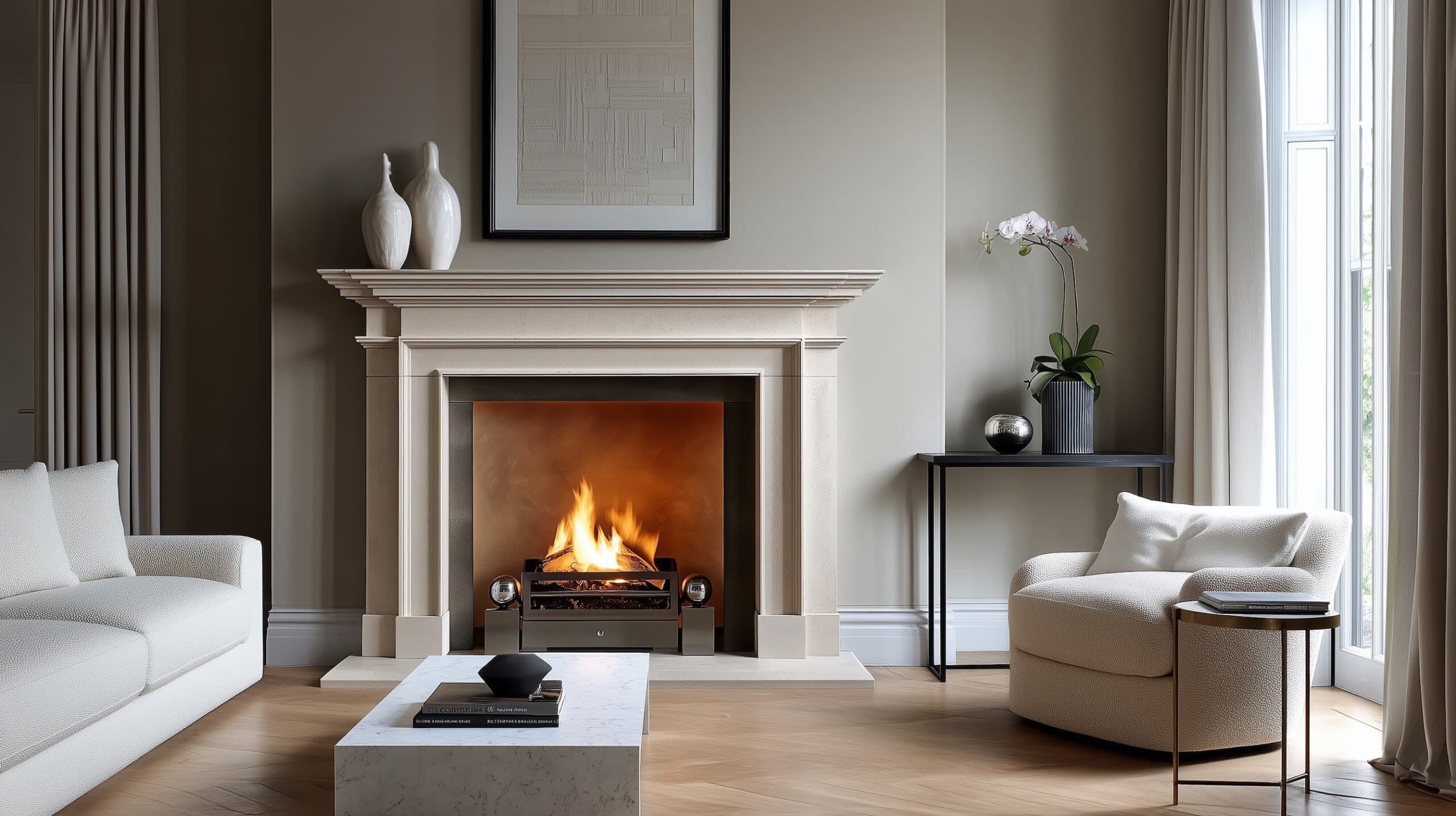 Limestone fireplace surround with an open fire burning in a calm, neutral living room