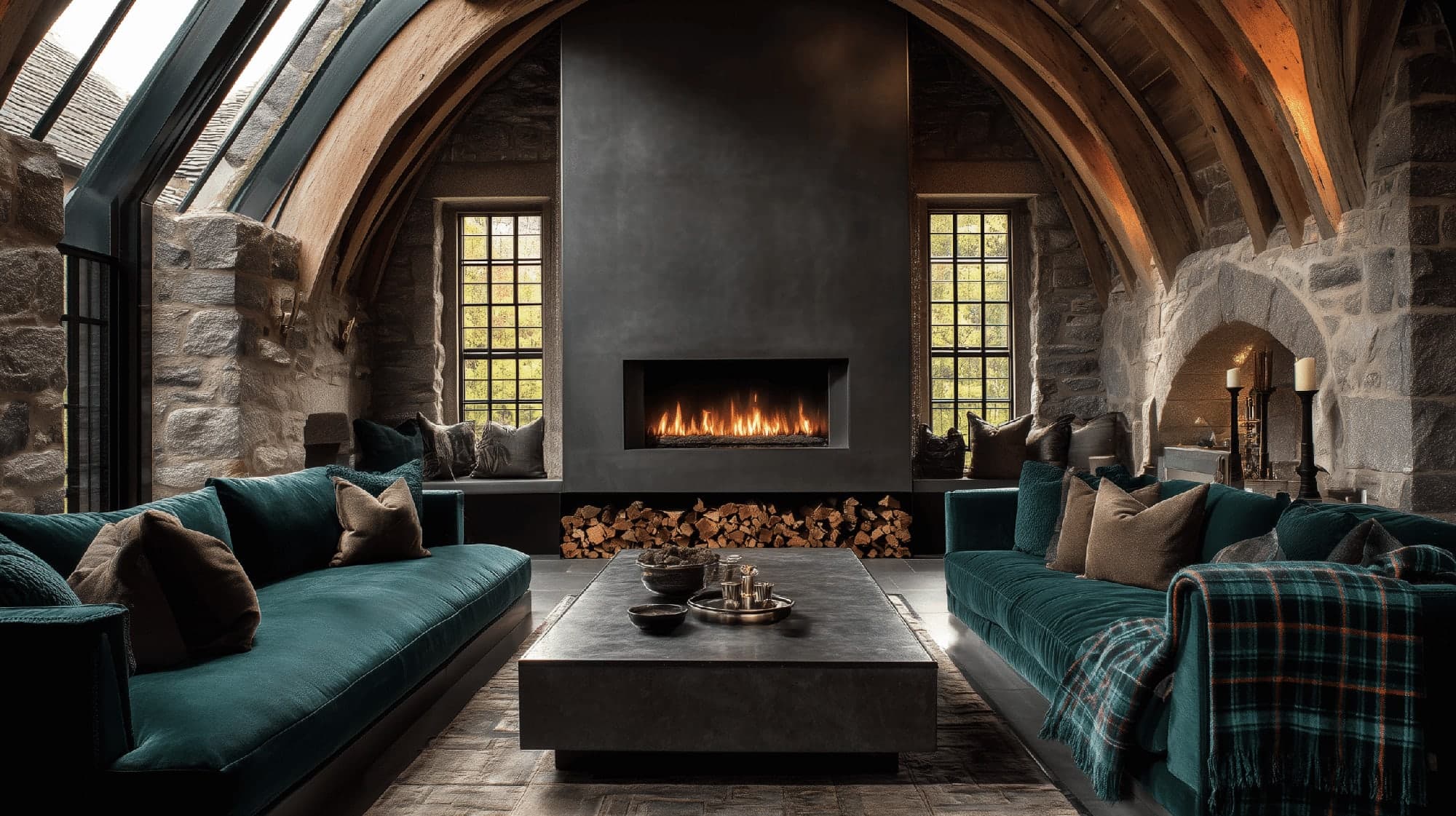 Front-facing gas fire set into a dark chimney breast in a vaulted stone barn living room