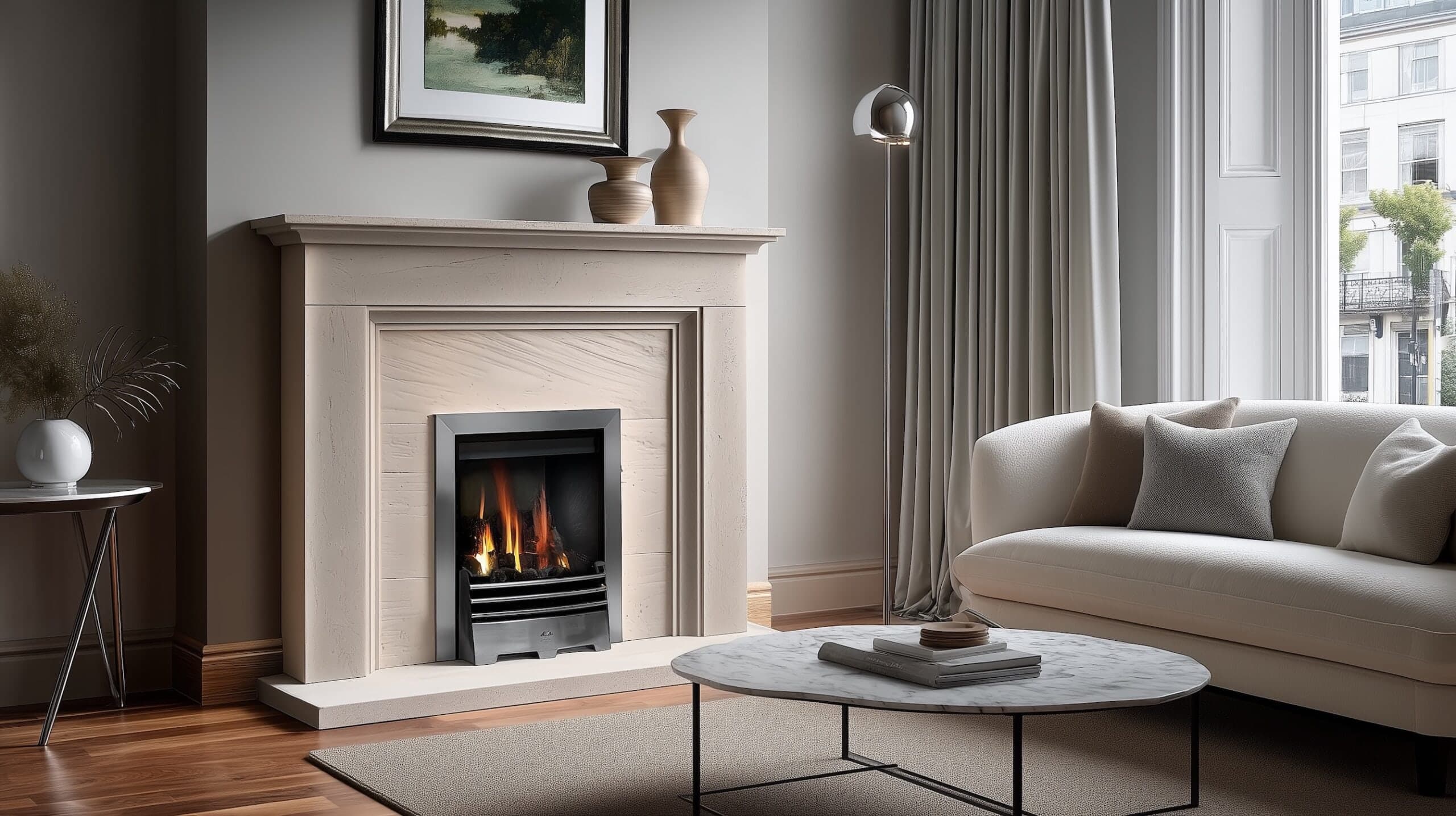 Limestone fireplace suite with burning fire in an elegant living room