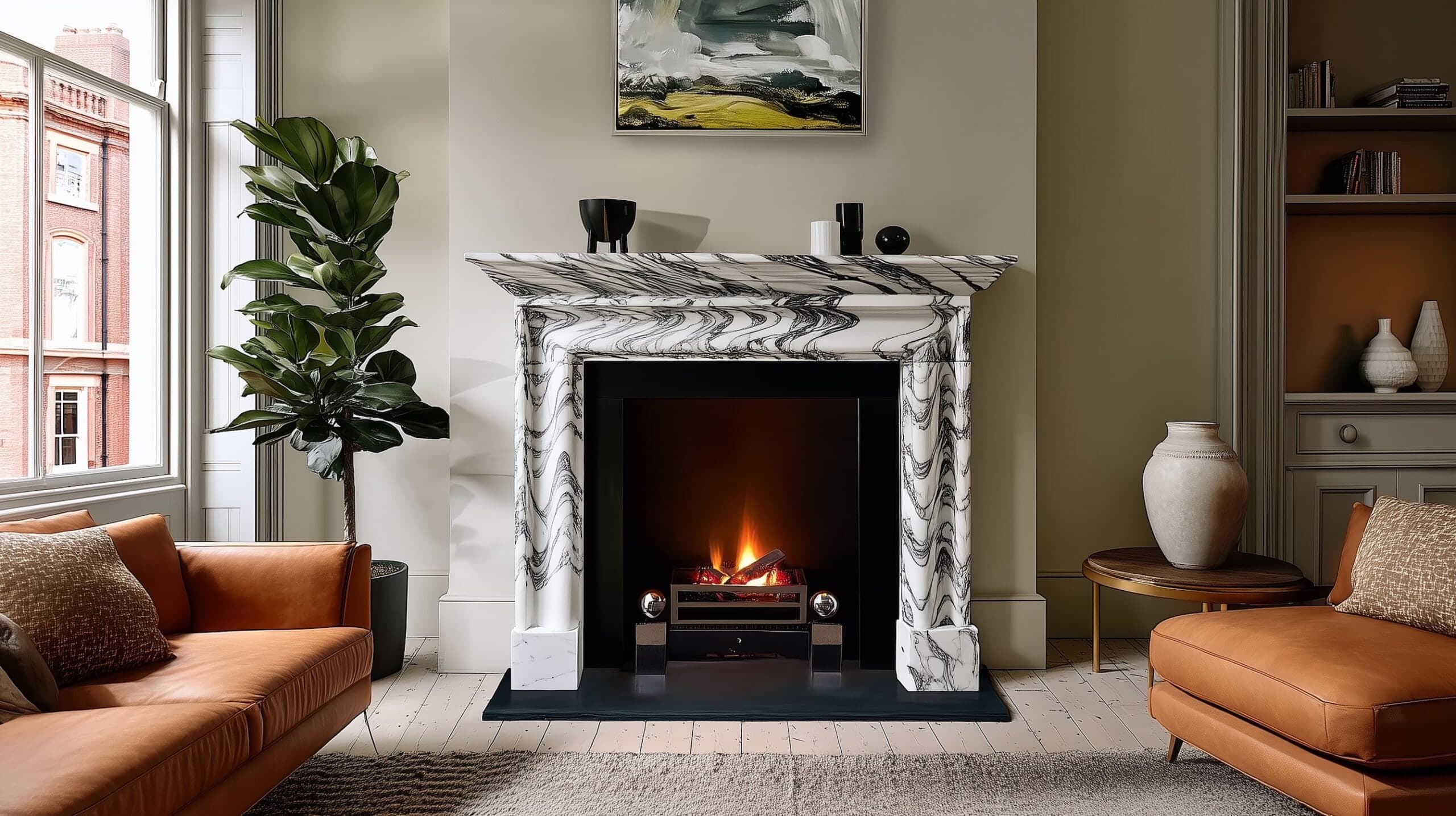 Luxurious marble fireplace surround in an elegant interior