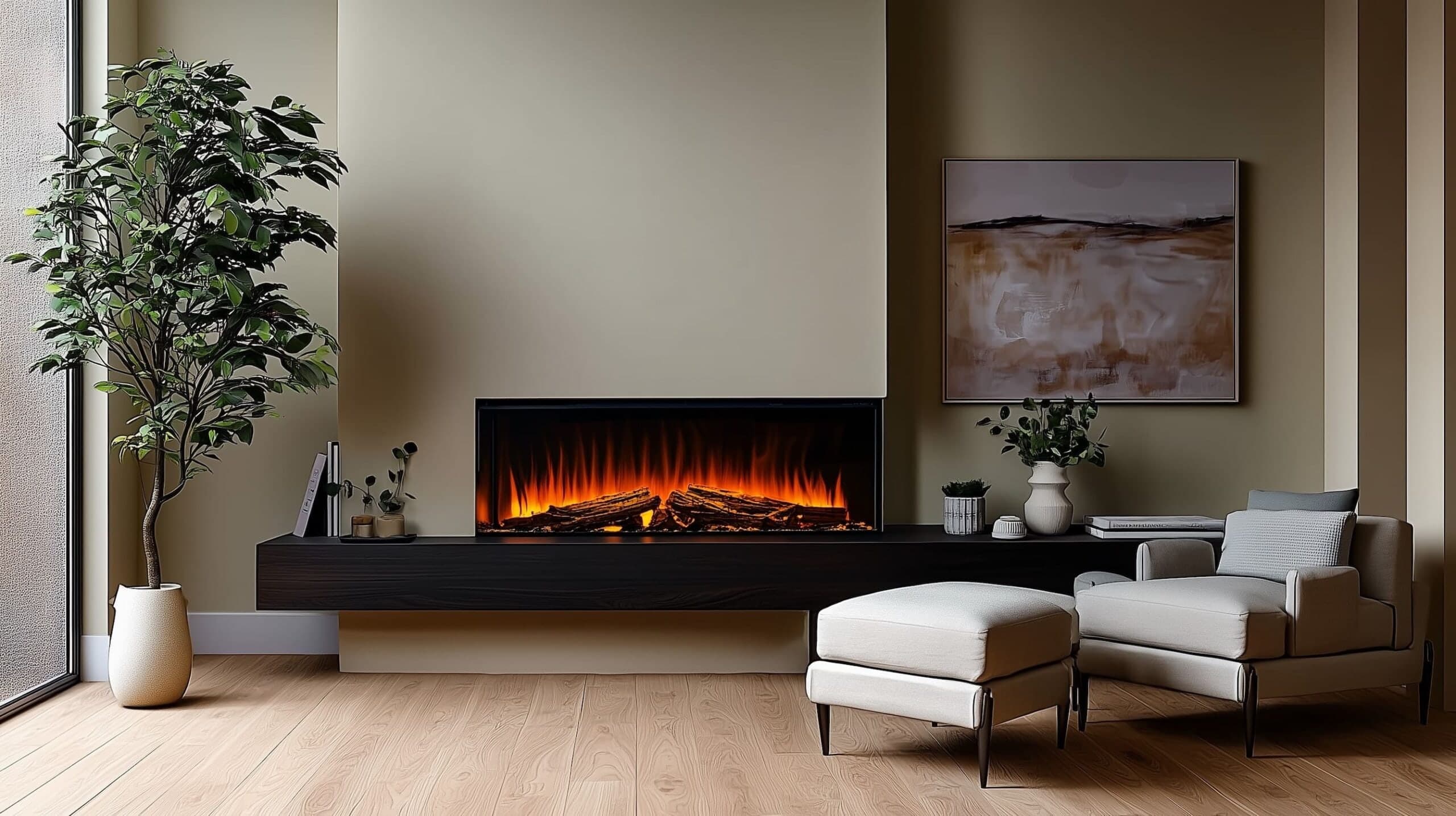 Wide electric media wall fire with log fuel bed