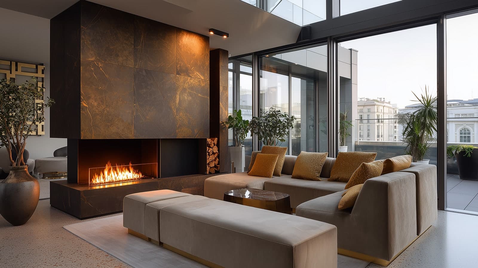 Corner gas fire installed in a contemporary living room