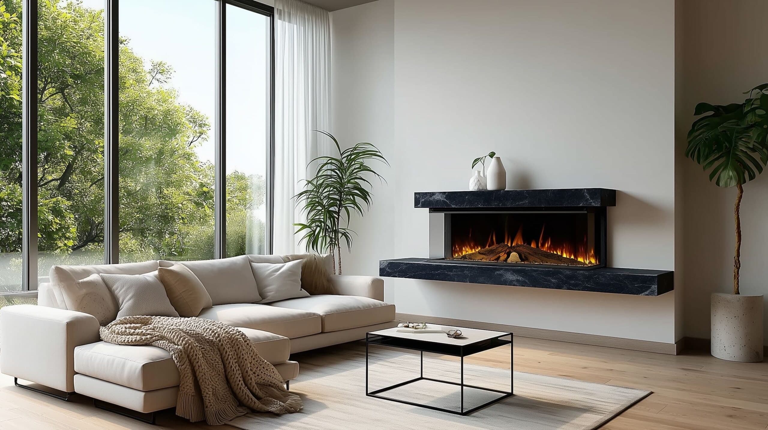Three-sided electric fireplace suite with dark marble surround in a modern living room