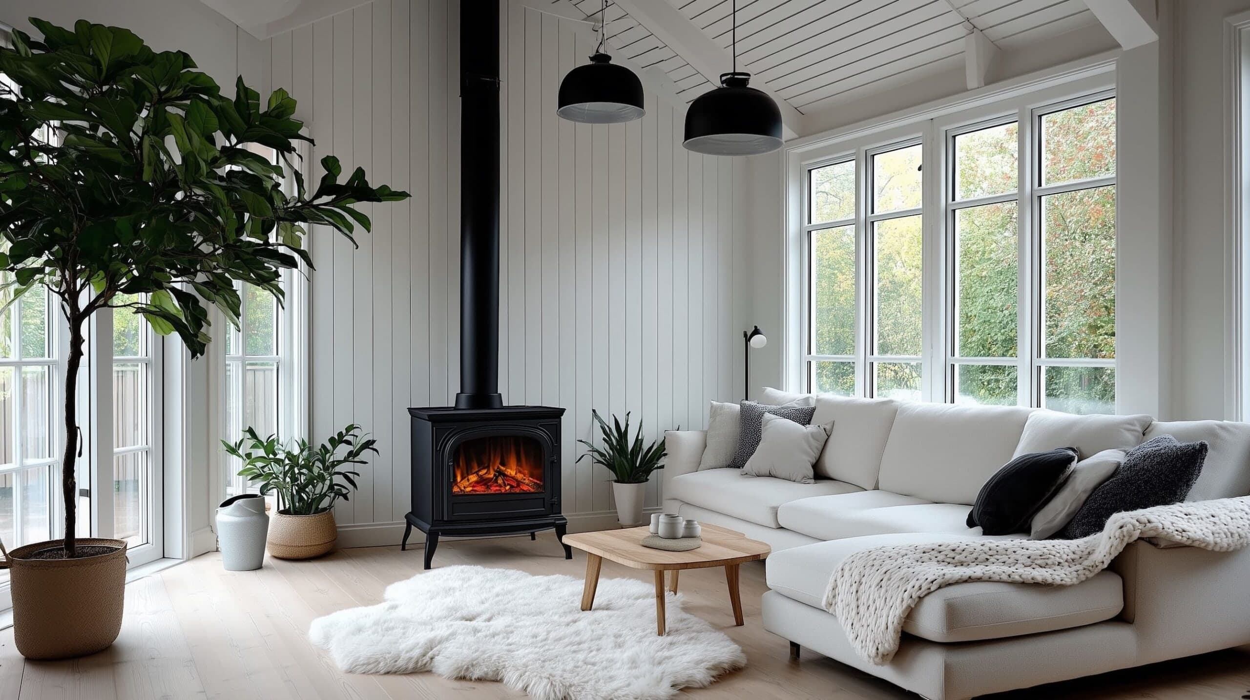 Black electric stove with glowing logs in a bright panelled living room