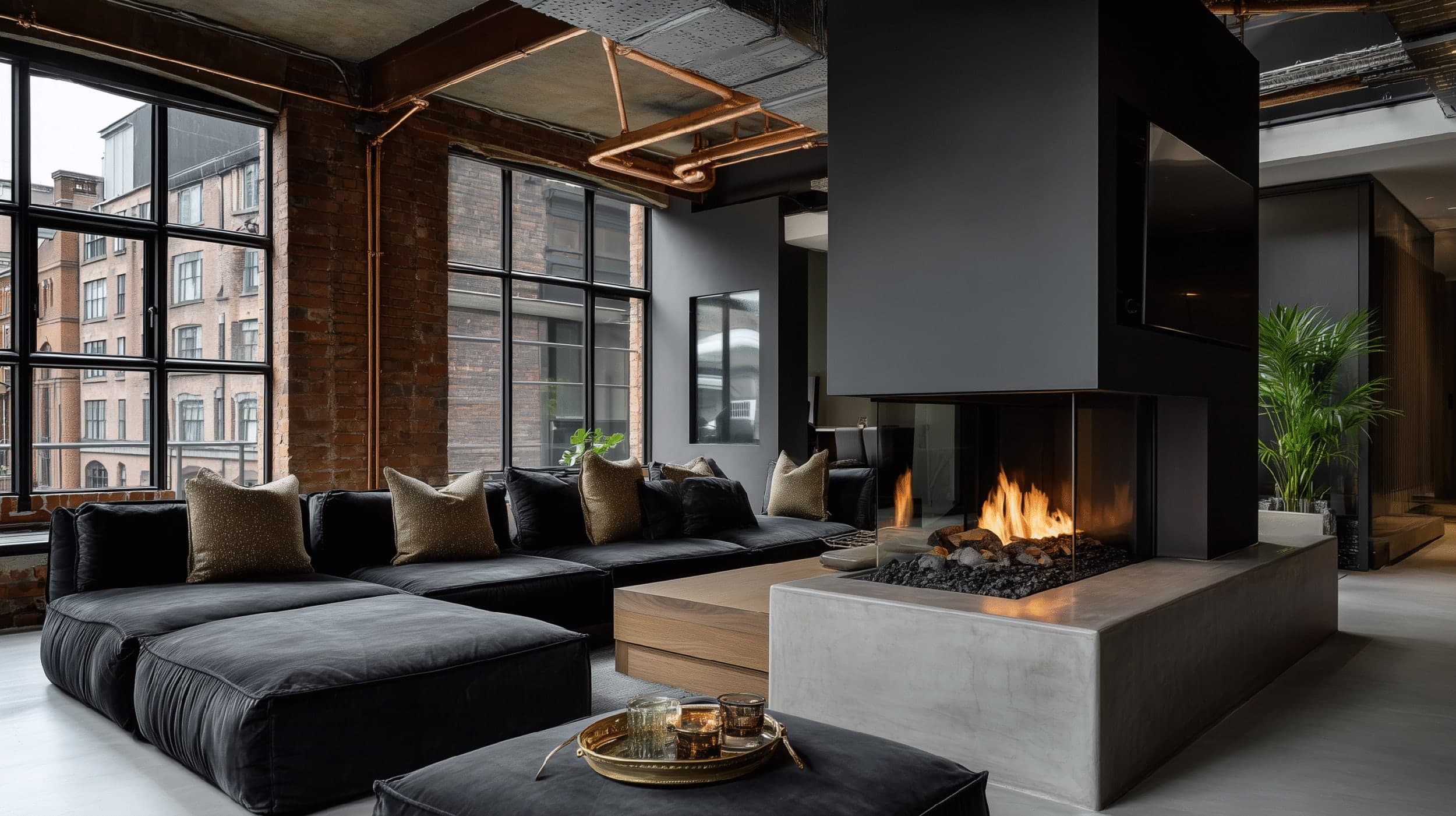 3 sided gas fire in an industrial loft living space