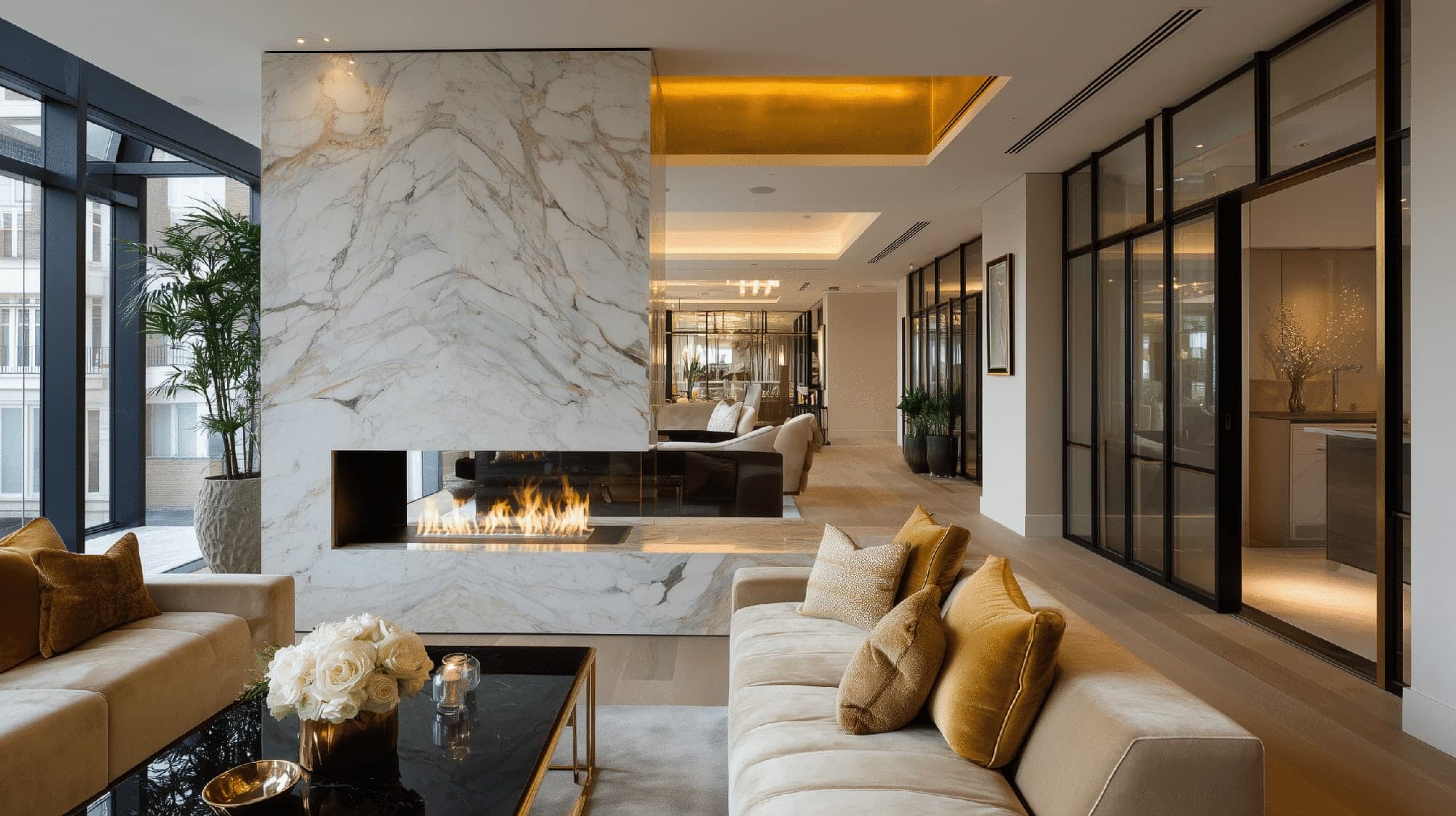 Room divider gas fire in an Art Deco penthouse interior