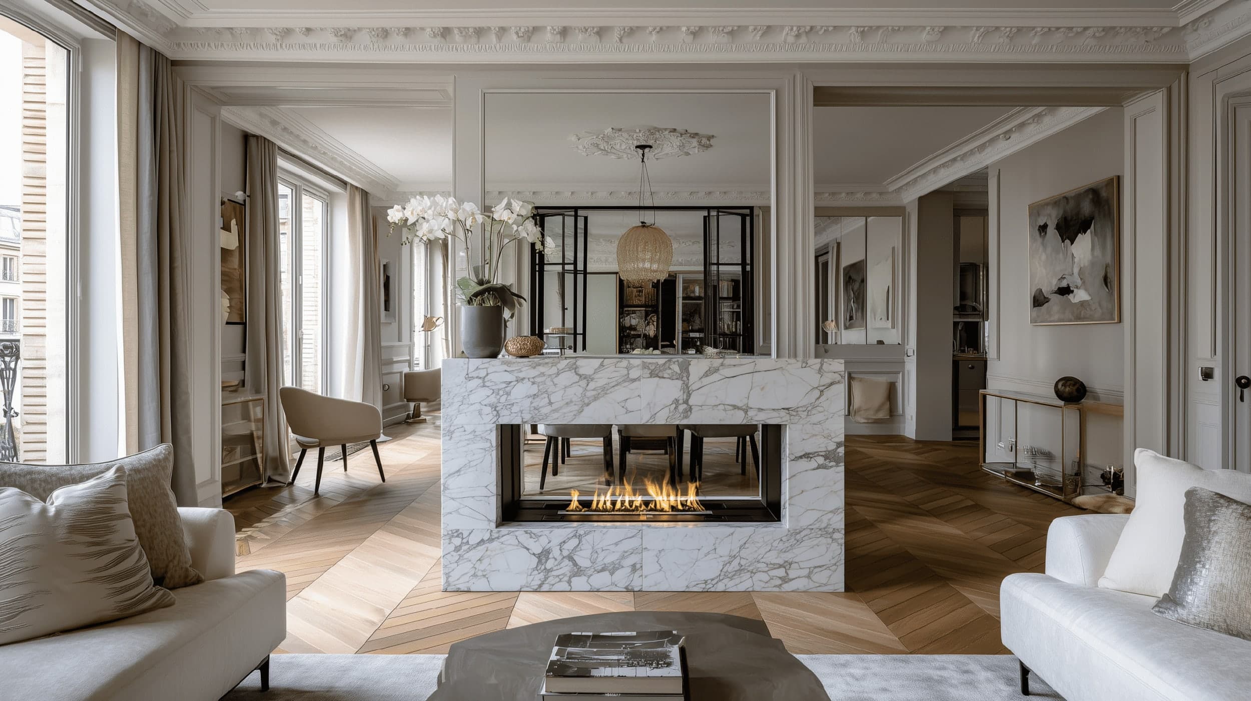 Double sided tunnel gas fire in a Parisian-style living room