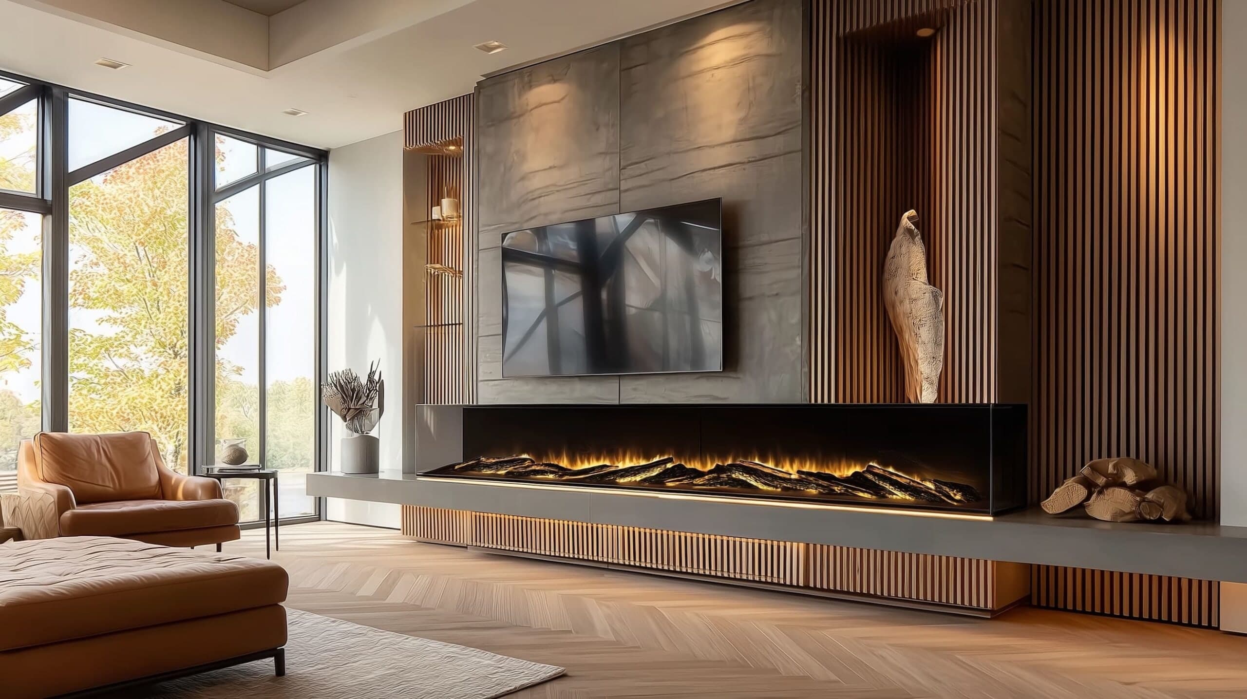 Long LCD electric fire set into a slatted media wall