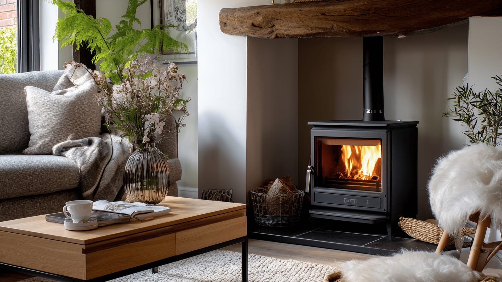 Gas stove in an alcove with tiled chamber and oak beam