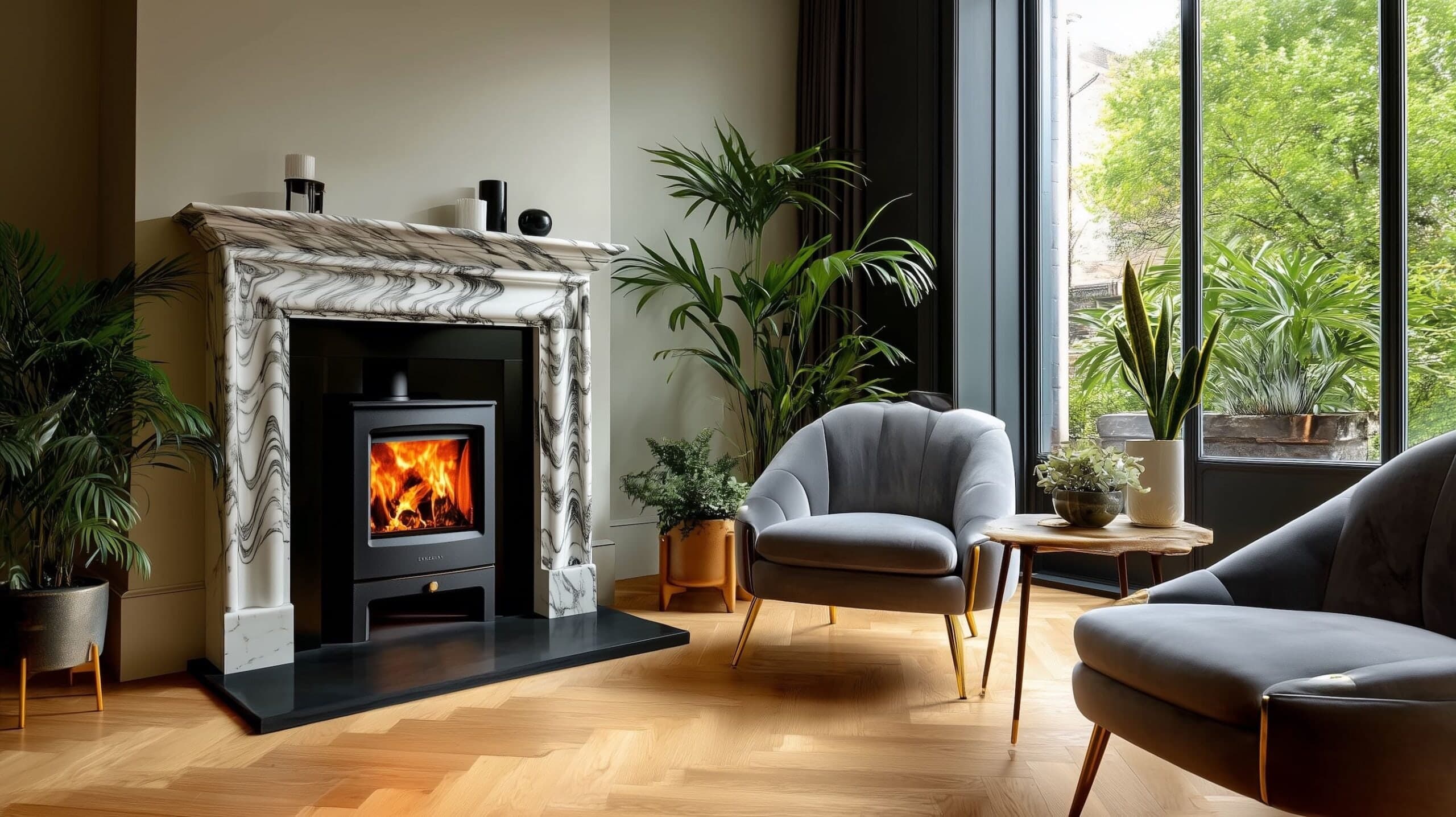 Traditional wood burning stove in a period fireplace