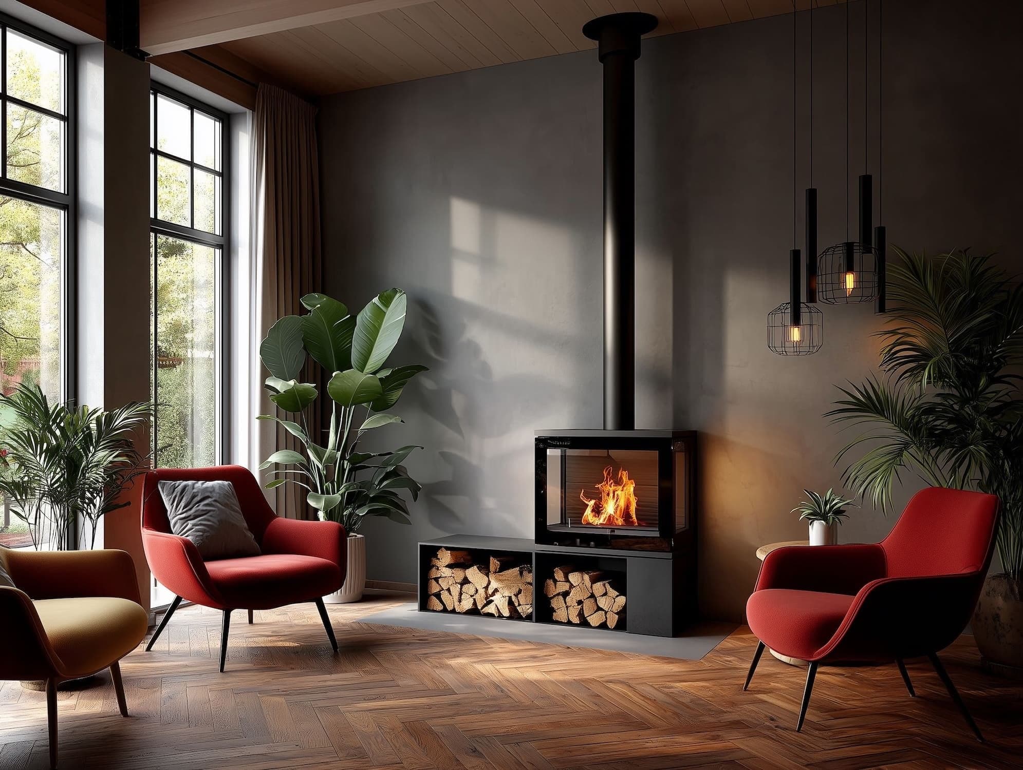 3 sided wood fire with panoramic flame view