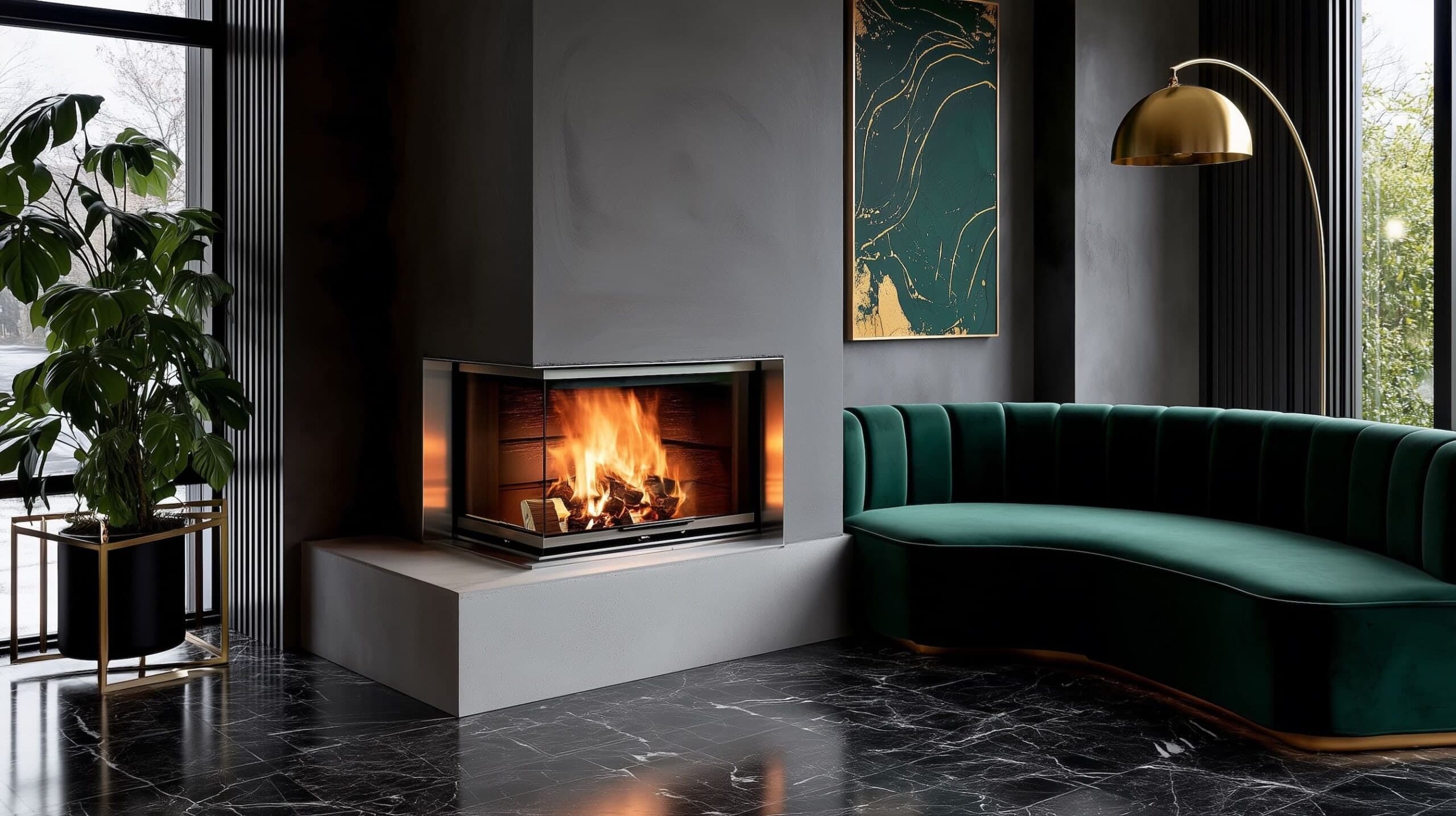 Corner wood fire with two-sided flame view