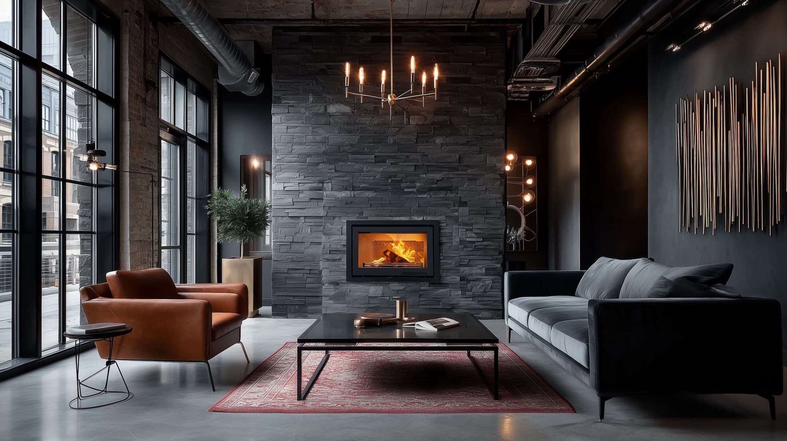 Front facing wood fire in a traditional living room