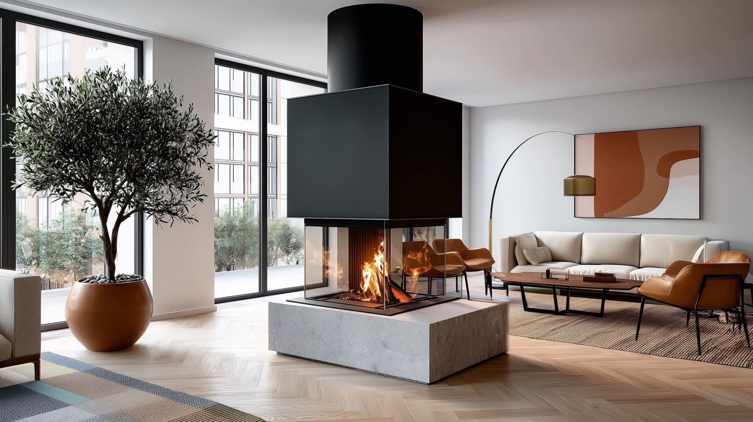 Room divider wood fire in an open-plan interior