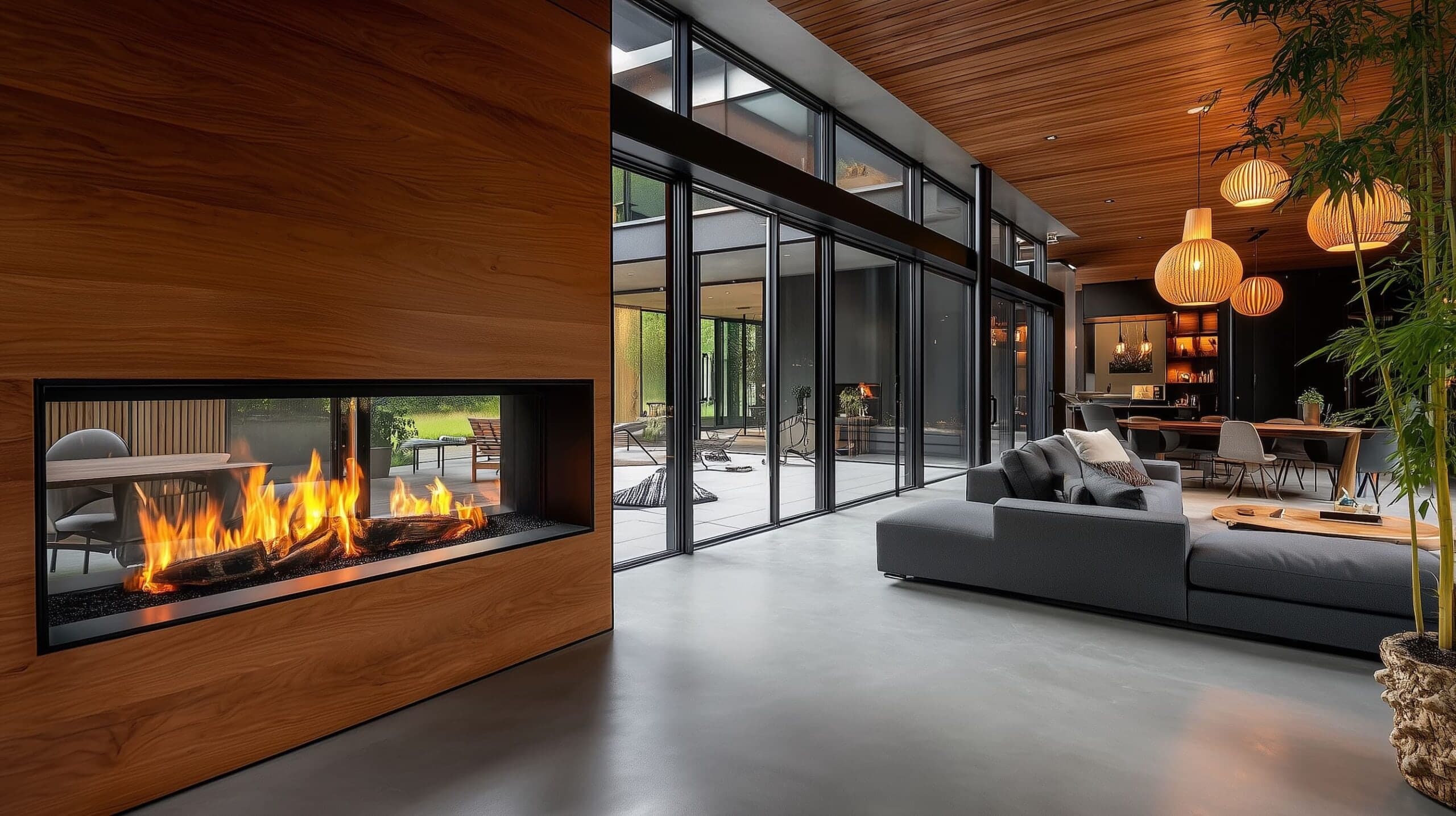 Double sided tunnel wood fire between two rooms