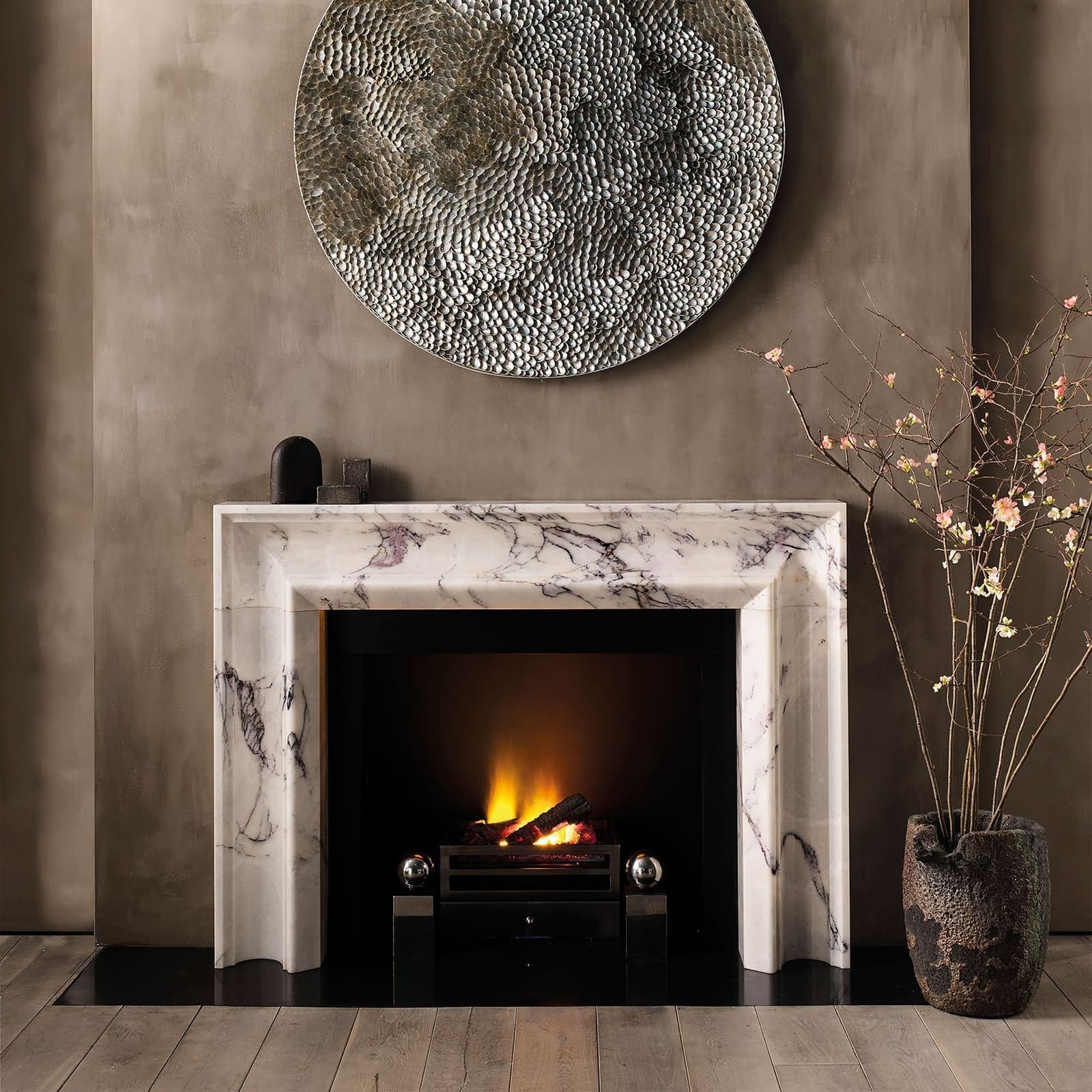 Bespoke Luna marble fireplace surround in Lilac marble