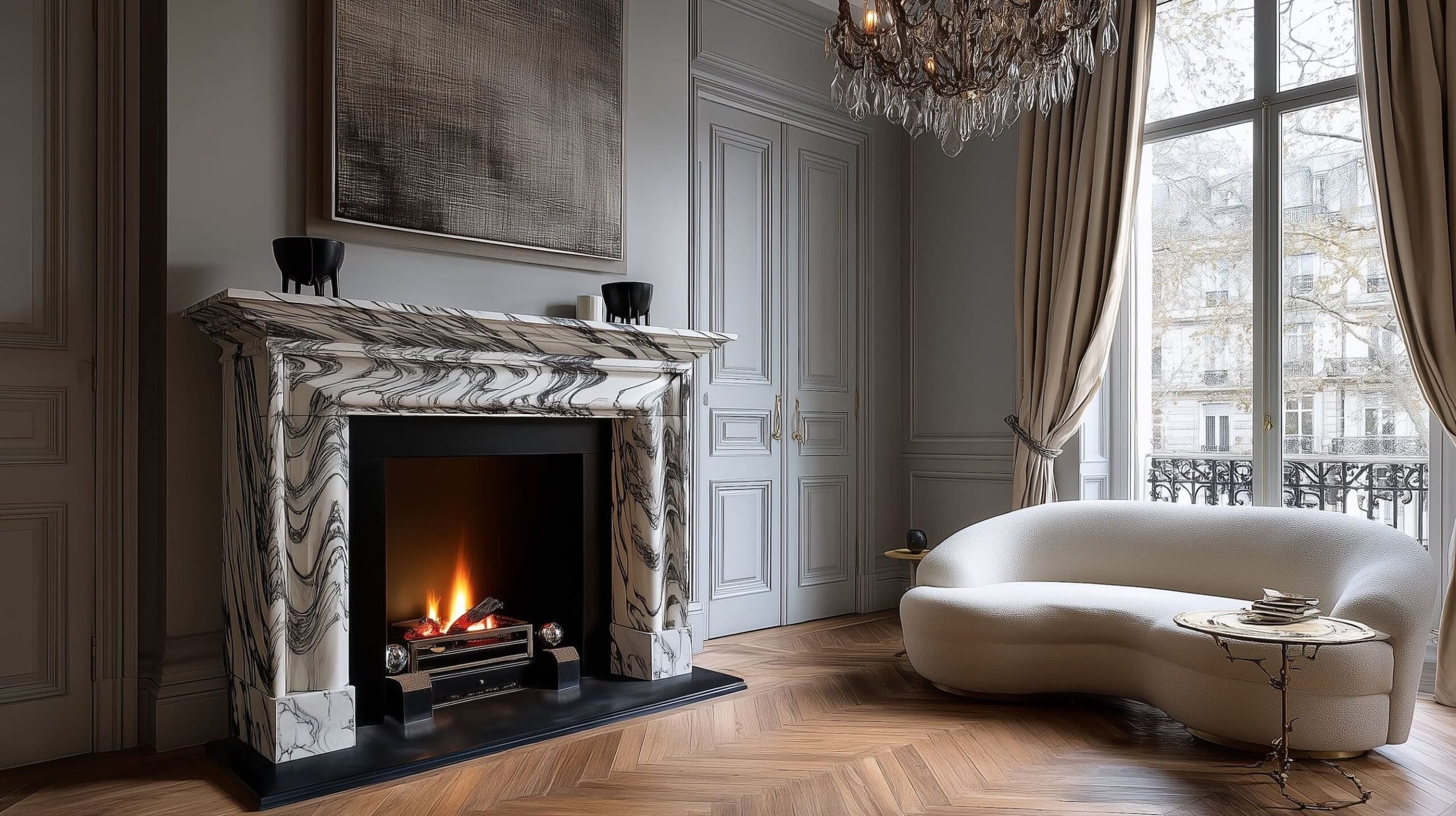 Marble fireplace surround in a panelled room