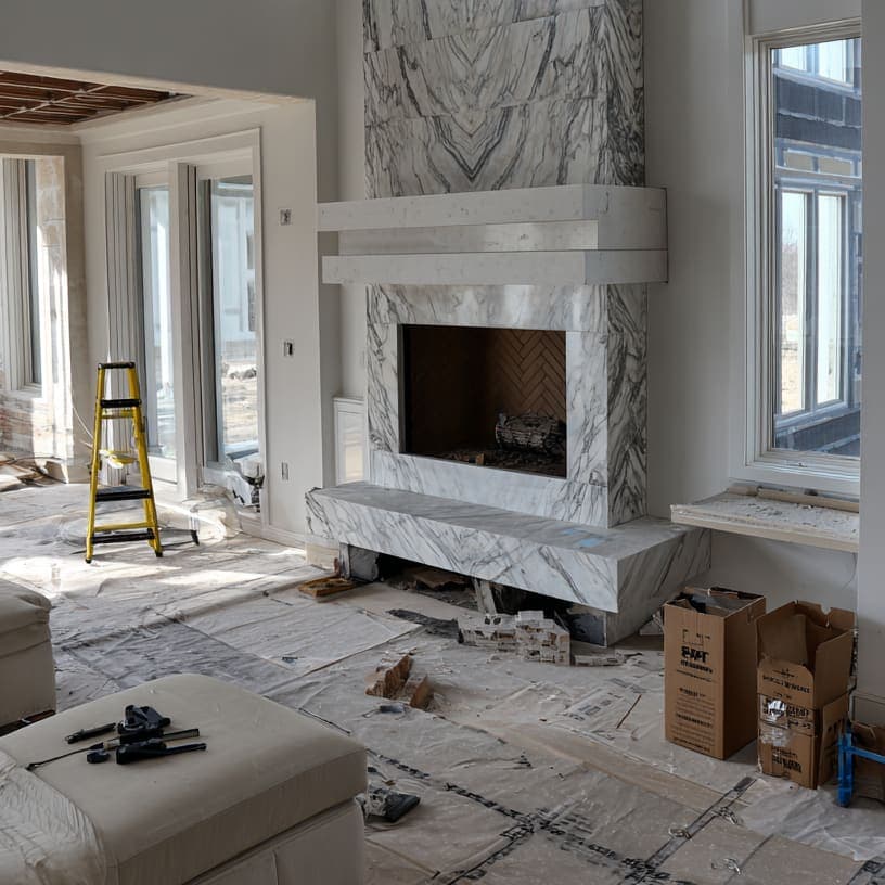 Bespoke marble fireplace mid-installation by The Fireplace Company team