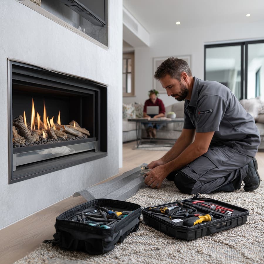 Engineer servicing a fireplace with professional tools