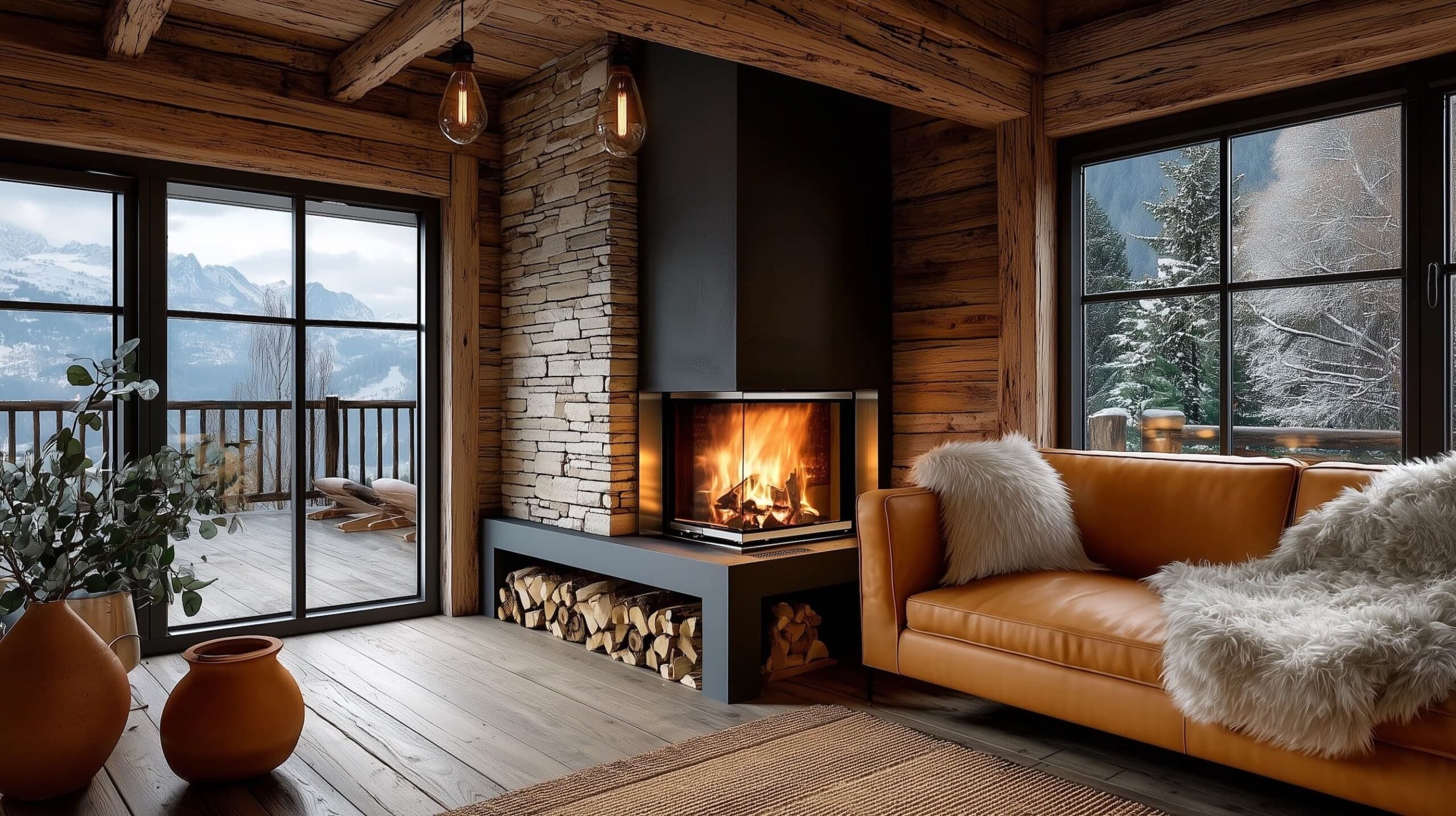 Contemporary wood fire burning in a bright living space
