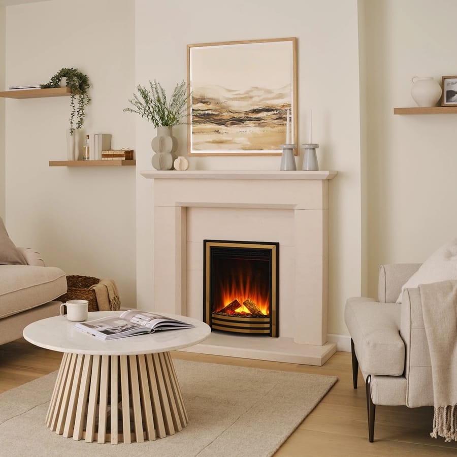 Sutton limestone surround with stove on display